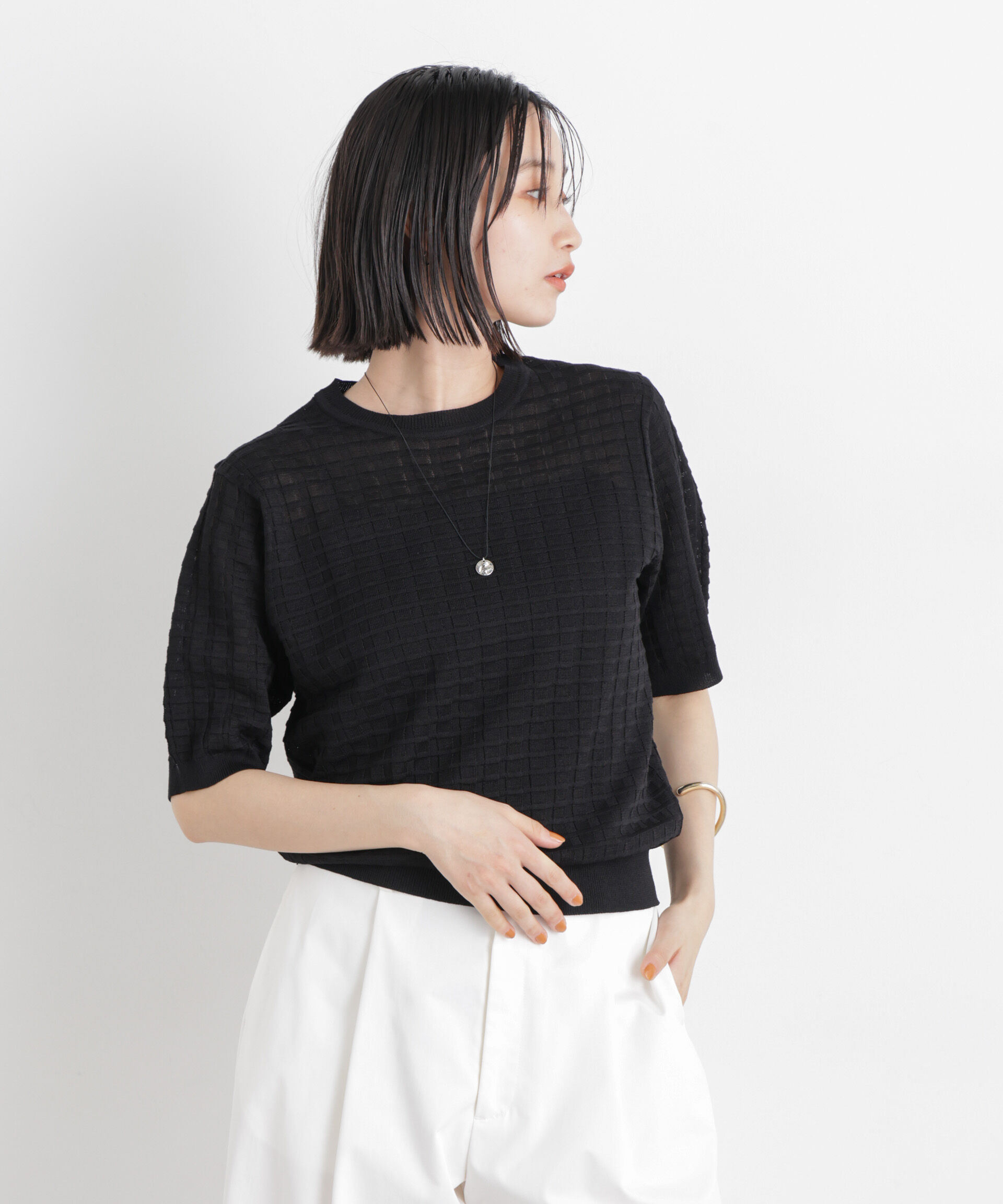 nano･universe「ポコポコスクエア柄クルーネック半袖ニットプルオーバー」|ニット・セーター|