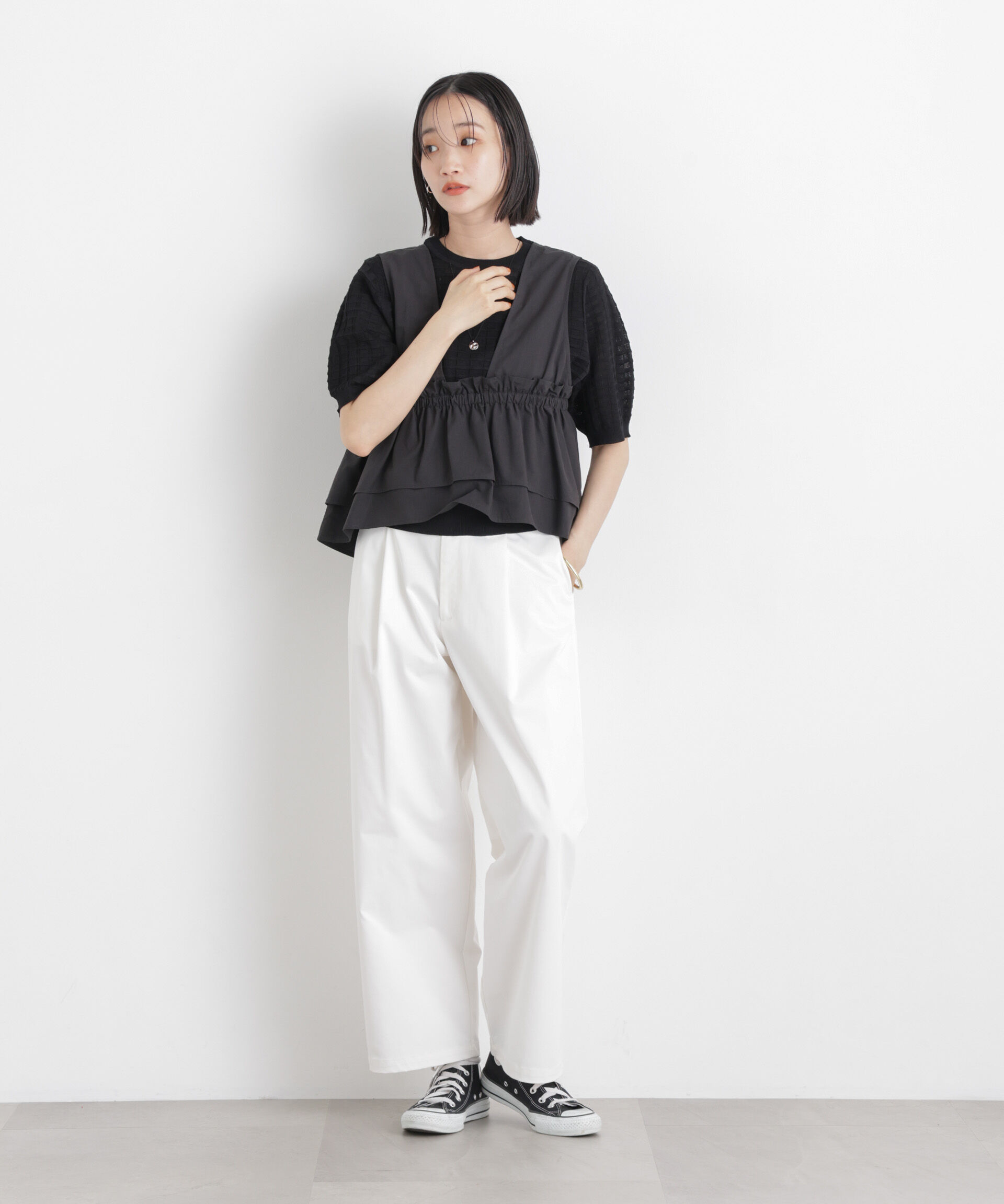 nano･universe「ポコポコスクエア柄クルーネック半袖ニットプルオーバー」|ニット・セーター|