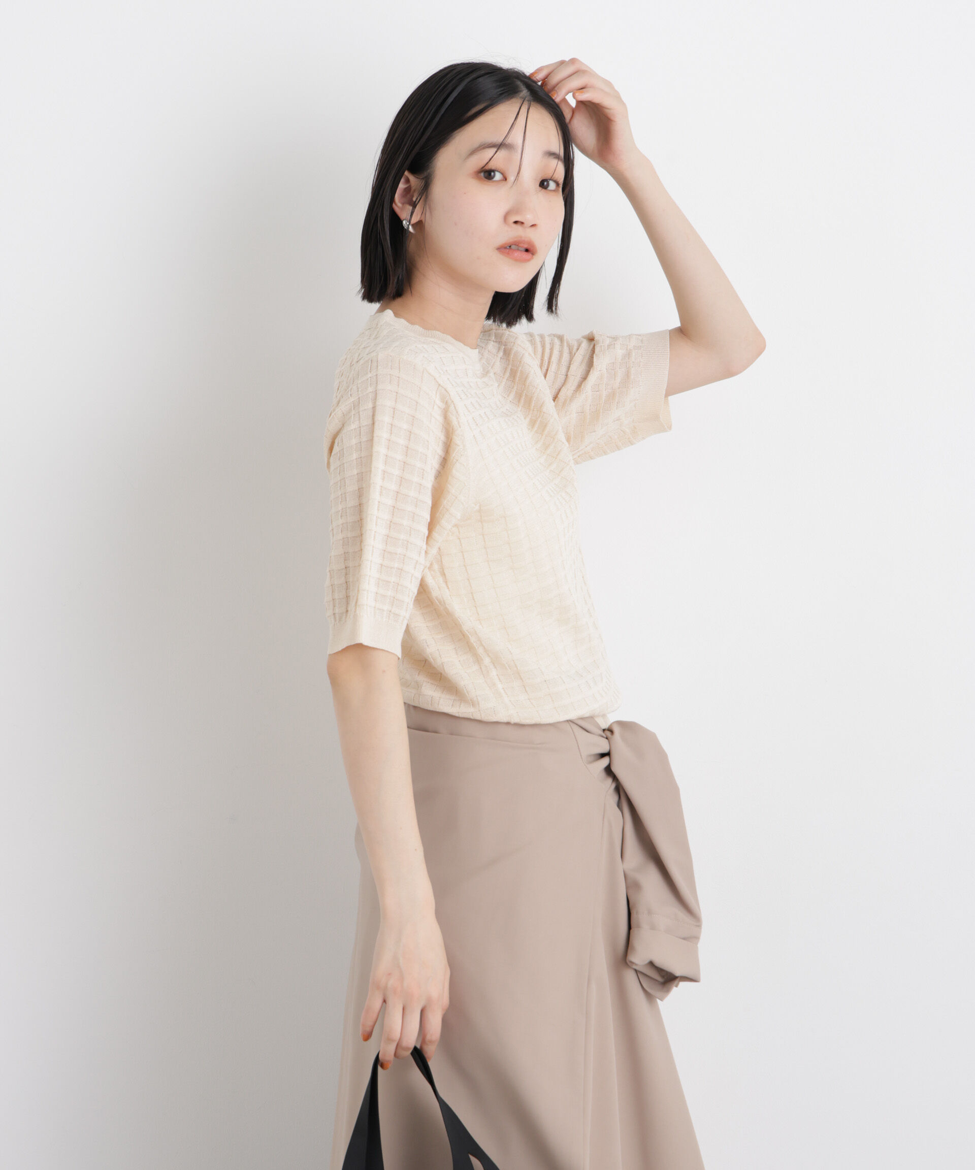 nano･universe「ポコポコスクエア柄クルーネック半袖ニットプルオーバー」|ニット・セーター|