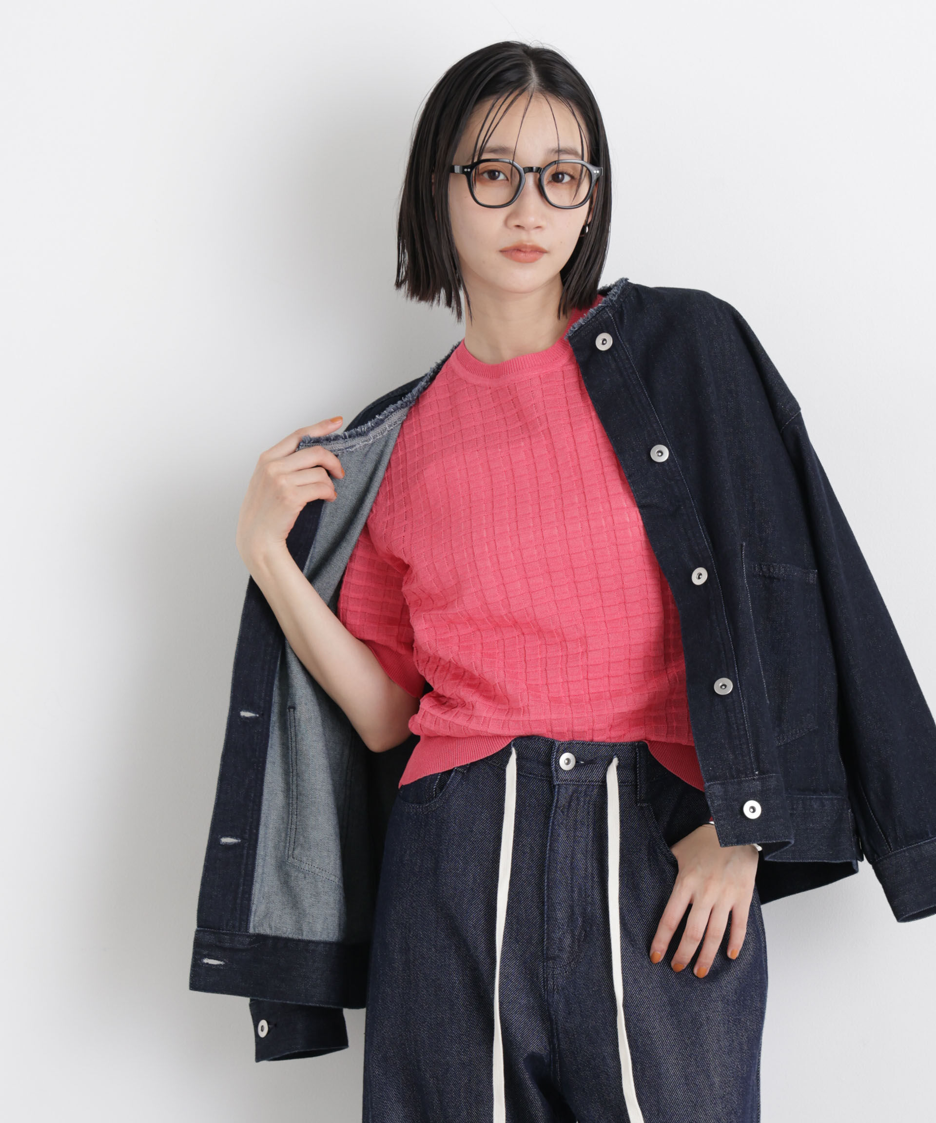 nano･universe「ポコポコスクエア柄クルーネック半袖ニットプルオーバー」|ニット・セーター|