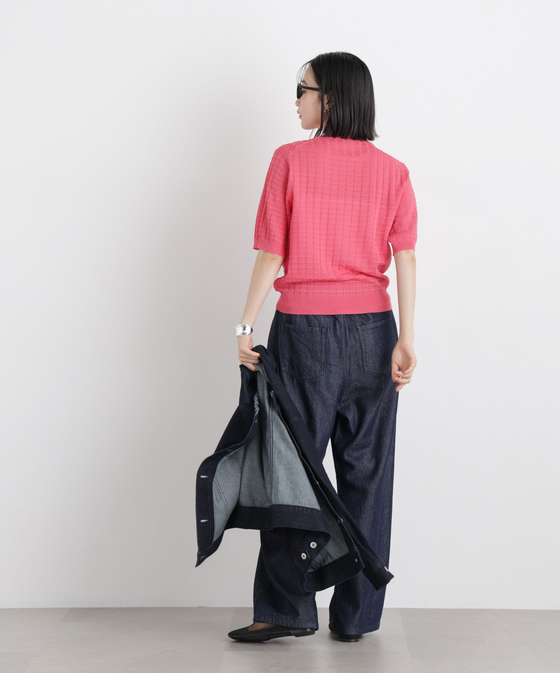 nano･universe「ポコポコスクエア柄クルーネック半袖ニットプルオーバー」|ニット・セーター|