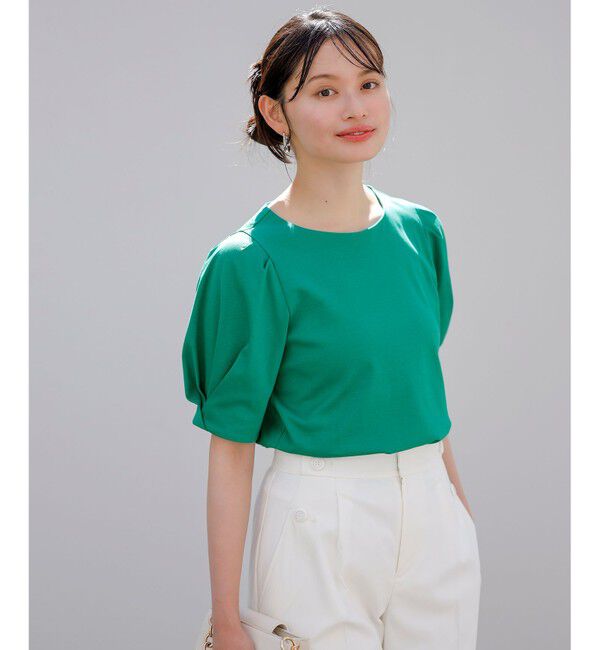 ANY SIS「【撥水・汗ジミ防止・UVケア・洗える】スーピマスムース 袖タック Tシャツ」|Tシャツ・カットソー|グリーン