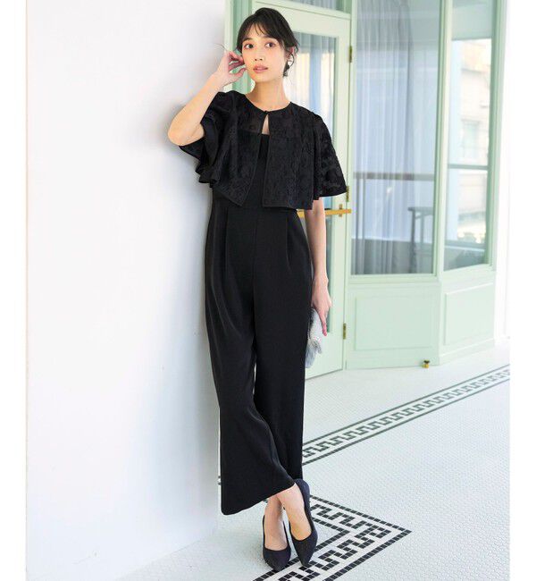 ANY SIS「【2SET】ジャガード ケープ トップス &times; サロペット」|ドレス|ブラック