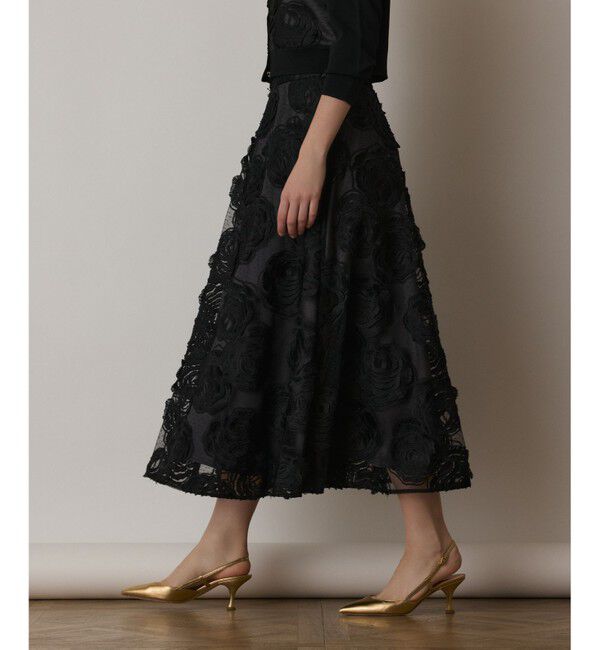 GRACE CONTINENTAL「ローズ刺繍フレアスカート」|スカート|ブラック