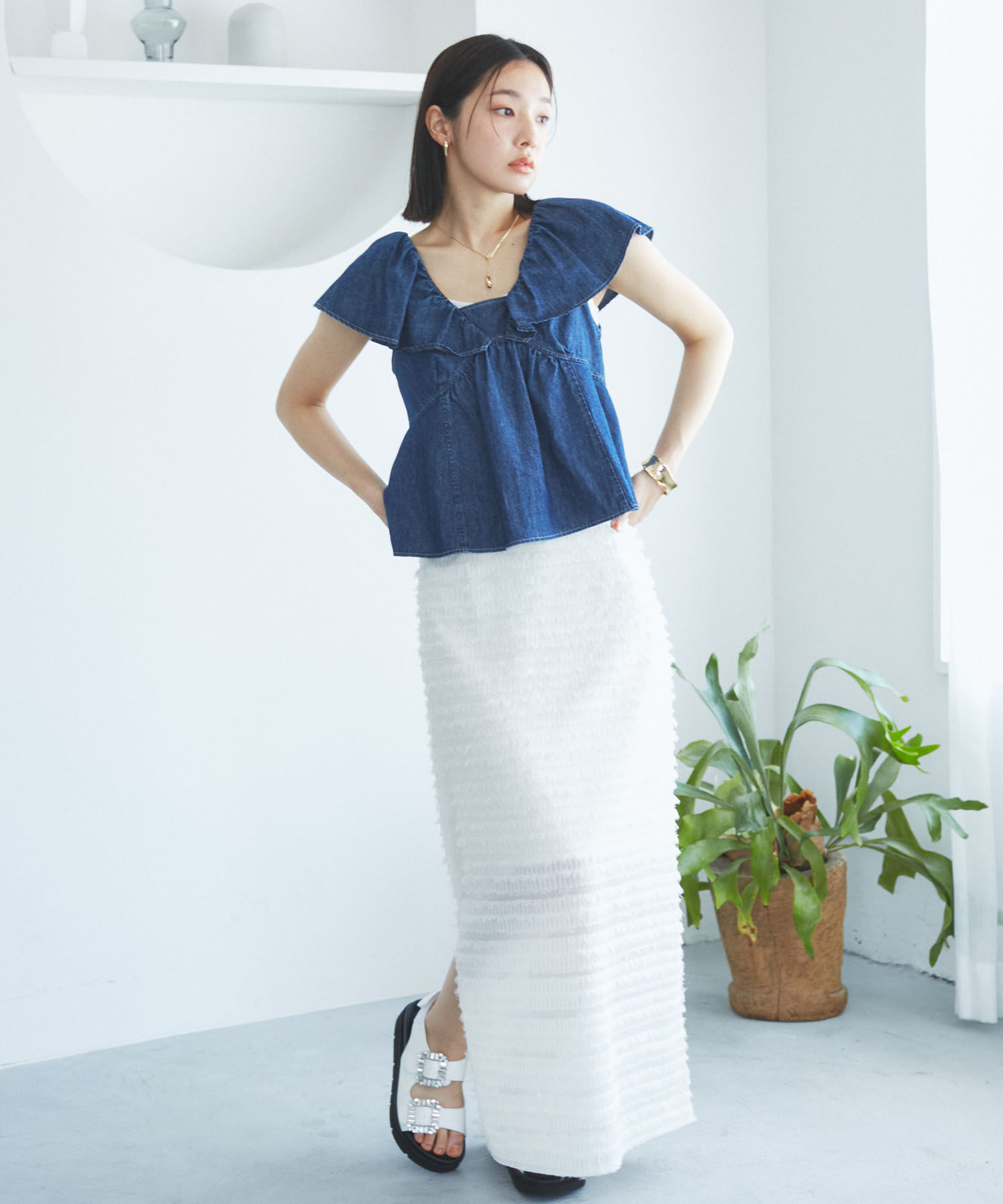 VIS「【洗える】フリンジジャガードスリット入りロングスカート」|スカート|