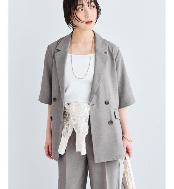 VIS「美easyリネンライクハーフスリーブダブルジャケット/イージーケア・接触冷感・セットアップ対応」|テーラードジャケット|