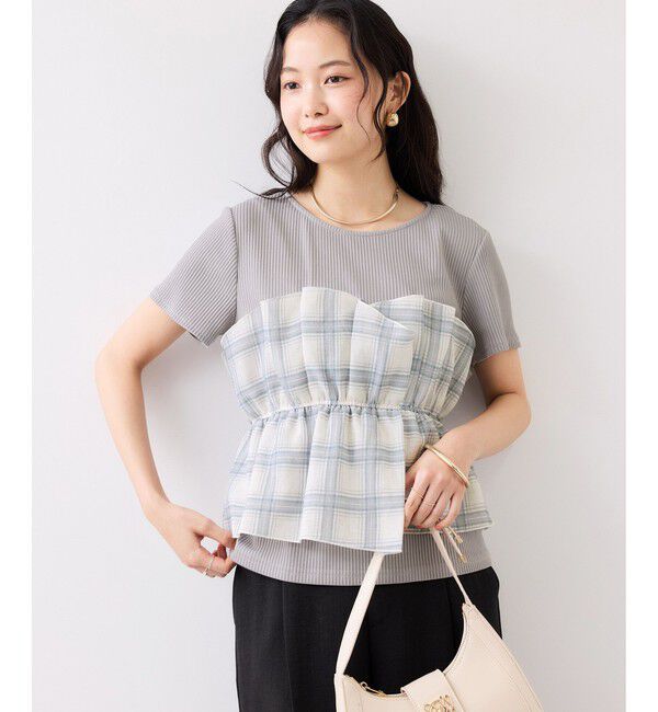 VIS「チェック＆無地ビスチェドッキング半袖プルオーバー/イージーケア」|Tシャツ・カットソー|