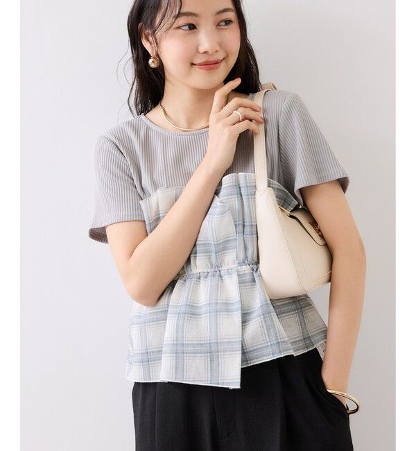 VIS「チェック＆無地ビスチェドッキング半袖プルオーバー/イージーケア」|Tシャツ・カットソー|