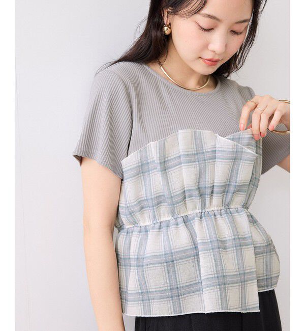 VIS「チェック＆無地ビスチェドッキング半袖プルオーバー/イージーケア」|Tシャツ・カットソー|