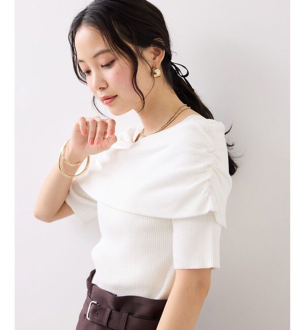 VIS「サイドギャザーオフショル5分袖ニット/イージーケア」|ニット・セーター|オフホワイト(15)