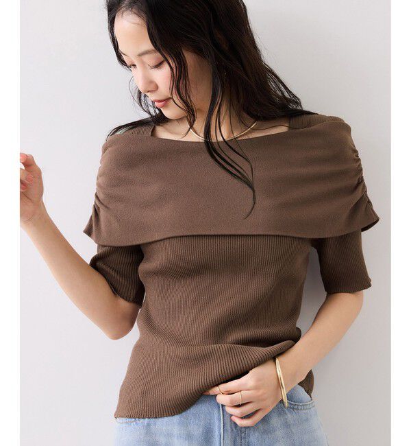 VIS「サイドギャザーオフショル5分袖ニット/イージーケア」|ニット・セーター|ブラウン系(22)