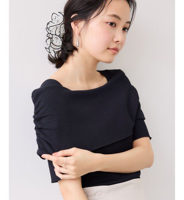 VIS「サイドギャザーオフショル5分袖ニット/イージーケア」|ニット・セーター|ネイビー(40)
