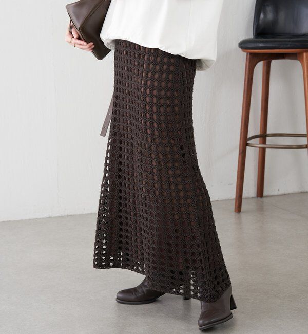  「【マルチに使える】透かし編みロングスカート」|スカート|ブラウン