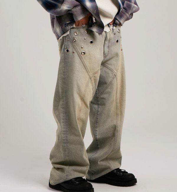  「アイレットスタッズスウィッチングブラストワイドデニム」|デニム|