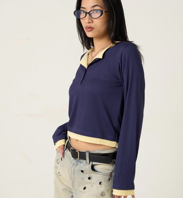  「【WEB限定カラーあり/ドット柄】レイヤードヘンリートップス」|Tシャツ・カットソー|