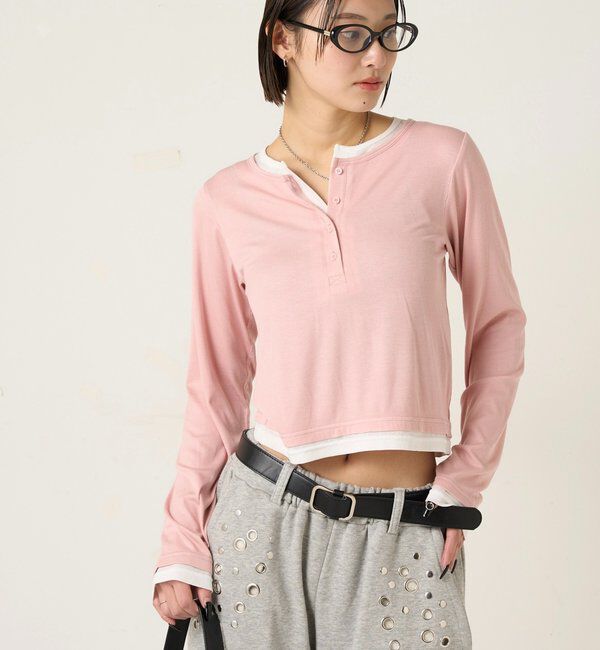  「【WEB限定カラーあり/ドット柄】レイヤードヘンリートップス」|Tシャツ・カットソー|