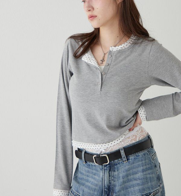  「【WEB限定カラーあり/ドット柄】レイヤードヘンリートップス」|Tシャツ・カットソー|