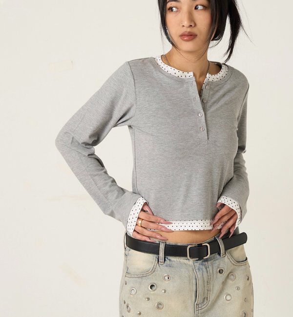  「【WEB限定カラーあり/ドット柄】レイヤードヘンリートップス」|Tシャツ・カットソー|