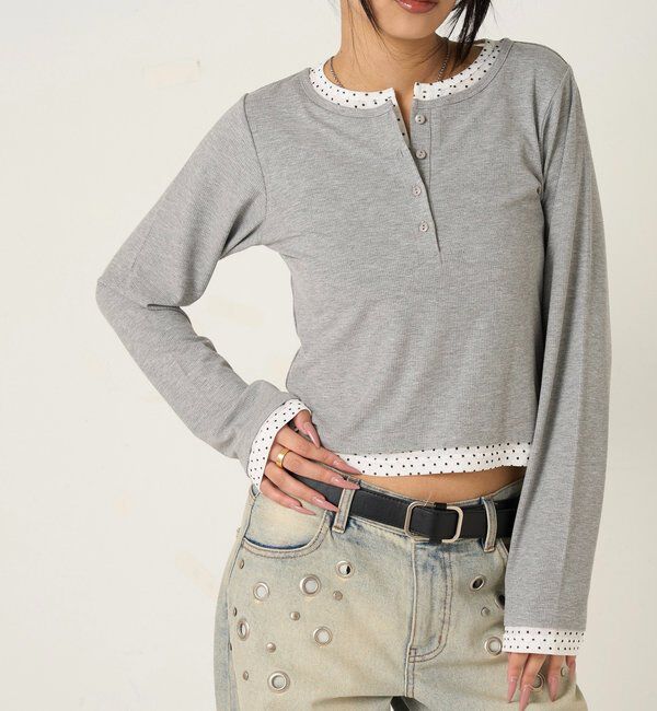  「【WEB限定カラーあり/ドット柄】レイヤードヘンリートップス」|Tシャツ・カットソー|