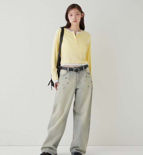  「【WEB限定カラーあり/ドット柄】レイヤードヘンリートップス」|Tシャツ・カットソー|