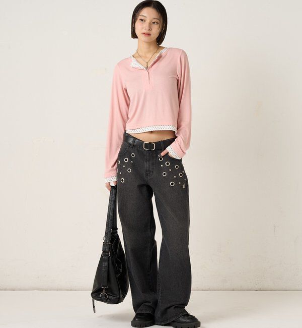  「【WEB限定カラーあり/ドット柄】レイヤードヘンリートップス」|Tシャツ・カットソー|