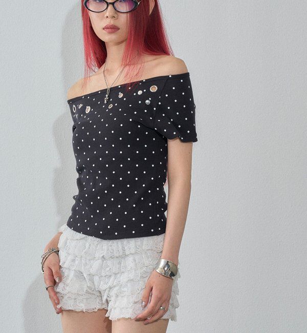  「【WEB限定】ハトメオフショル半袖トップス（無地/ドット）」|Tシャツ・カットソー|
