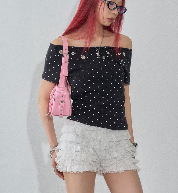  「【WEB限定】ハトメオフショル半袖トップス（無地/ドット）」|Tシャツ・カットソー|