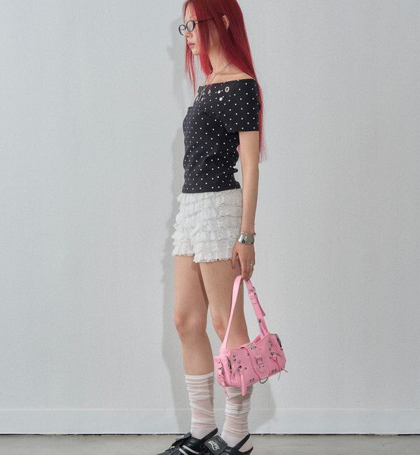  「【WEB限定】ハトメオフショル半袖トップス（無地/ドット）」|Tシャツ・カットソー|