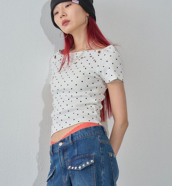  「【WEB限定】ハトメオフショル半袖トップス（無地/ドット）」|Tシャツ・カットソー|