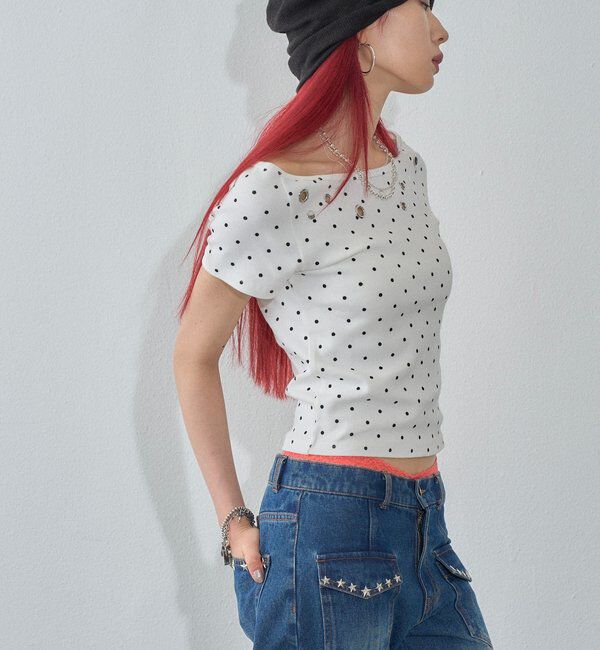  「【WEB限定】ハトメオフショル半袖トップス（無地/ドット）」|Tシャツ・カットソー|