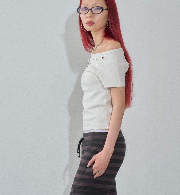  「【WEB限定】ハトメオフショル半袖トップス（無地/ドット）」|Tシャツ・カットソー|