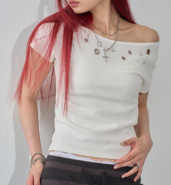  「【WEB限定】ハトメオフショル半袖トップス（無地/ドット）」|Tシャツ・カットソー|