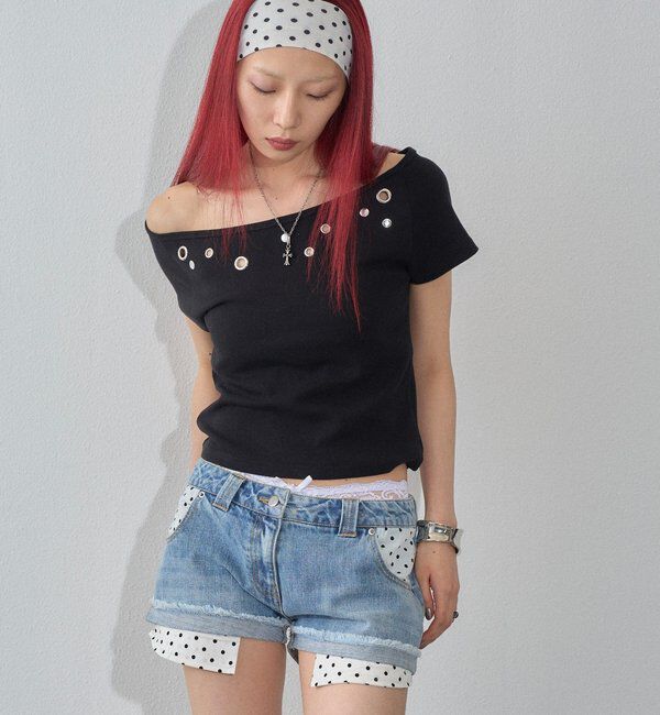  「【WEB限定】ハトメオフショル半袖トップス（無地/ドット）」|Tシャツ・カットソー|