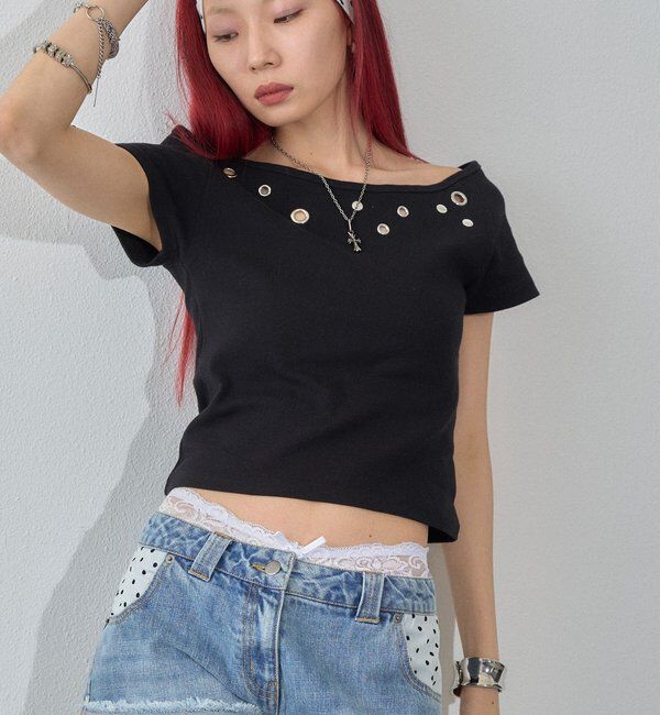  「【WEB限定】ハトメオフショル半袖トップス（無地/ドット）」|Tシャツ・カットソー|