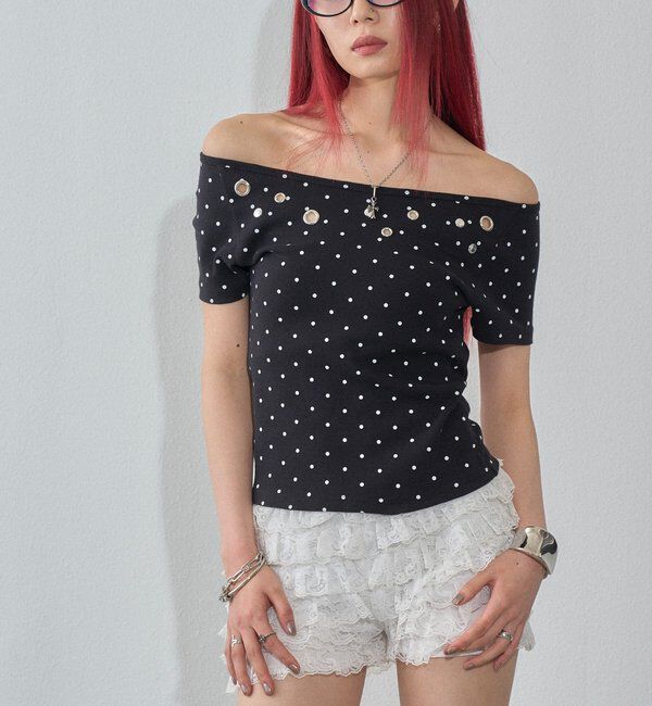  「【WEB限定】ハトメオフショル半袖トップス（無地/ドット）」|Tシャツ・カットソー|ブラックその他1
