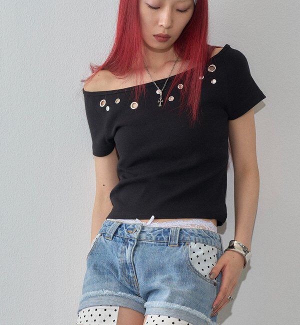  「【WEB限定】ハトメオフショル半袖トップス（無地/ドット）」|Tシャツ・カットソー|ブラック