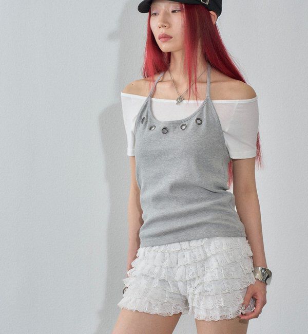  「【WEB限定】ハトメホルターレイヤード半袖トップス（ドット/無地）」|Tシャツ・カットソー|
