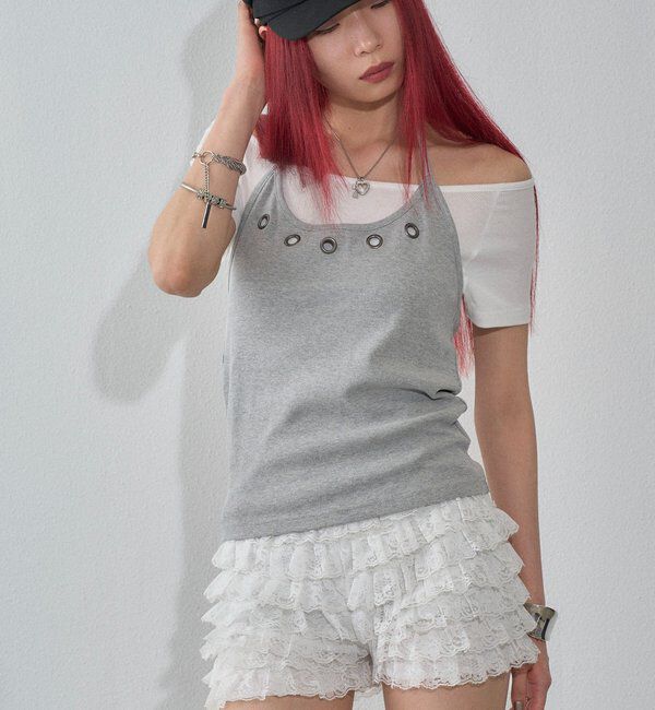  「【WEB限定】ハトメホルターレイヤード半袖トップス（ドット/無地）」|Tシャツ・カットソー|