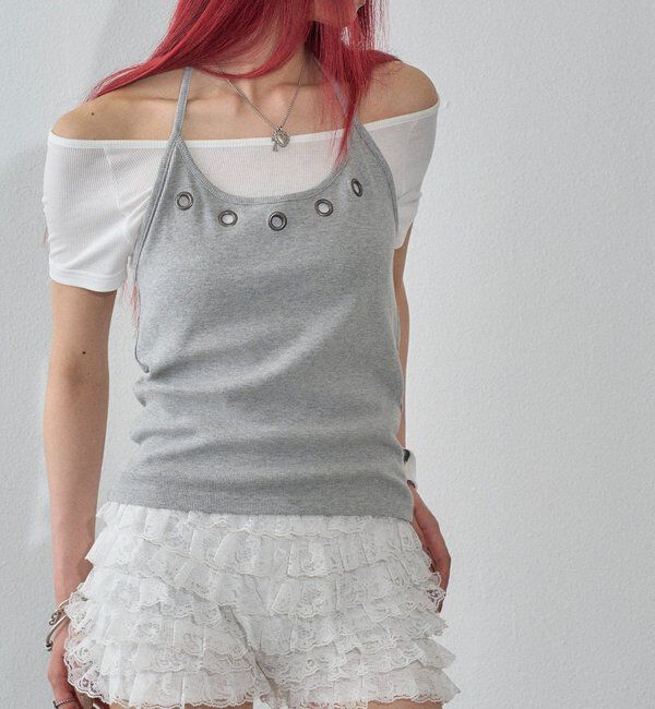  「【WEB限定】ハトメホルターレイヤード半袖トップス（ドット/無地）」|Tシャツ・カットソー|