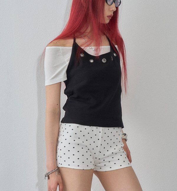  「【WEB限定】ハトメホルターレイヤード半袖トップス（ドット/無地）」|Tシャツ・カットソー|