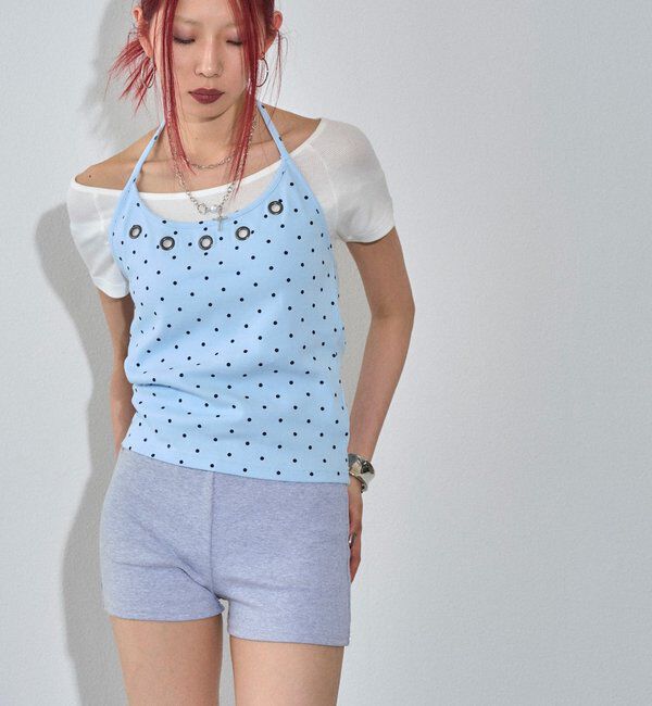  「【WEB限定】ハトメホルターレイヤード半袖トップス（ドット/無地）」|Tシャツ・カットソー|
