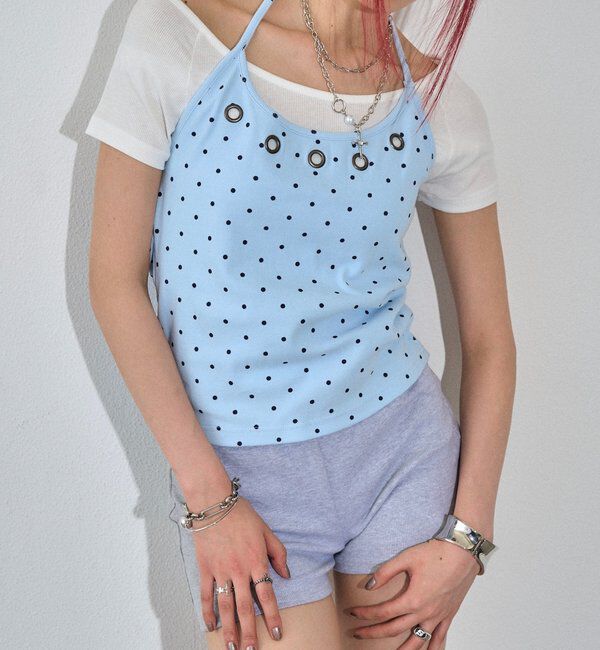 「【WEB限定】ハトメホルターレイヤード半袖トップス（ドット/無地）」|Tシャツ・カットソー|