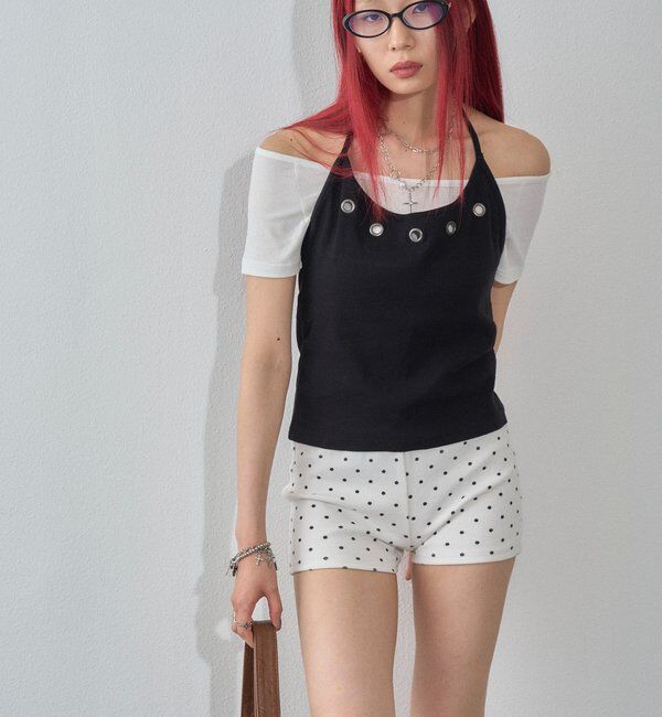  「【WEB限定】ハトメホルターレイヤード半袖トップス（ドット/無地）」|Tシャツ・カットソー|