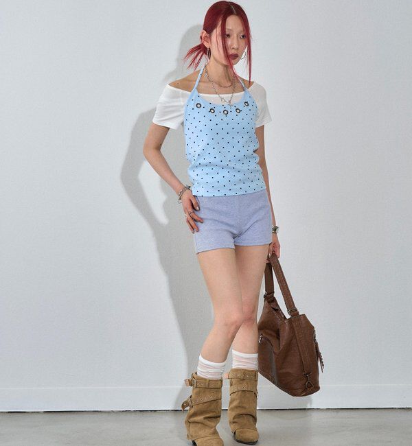  「【WEB限定】ハトメホルターレイヤード半袖トップス（ドット/無地）」|Tシャツ・カットソー|