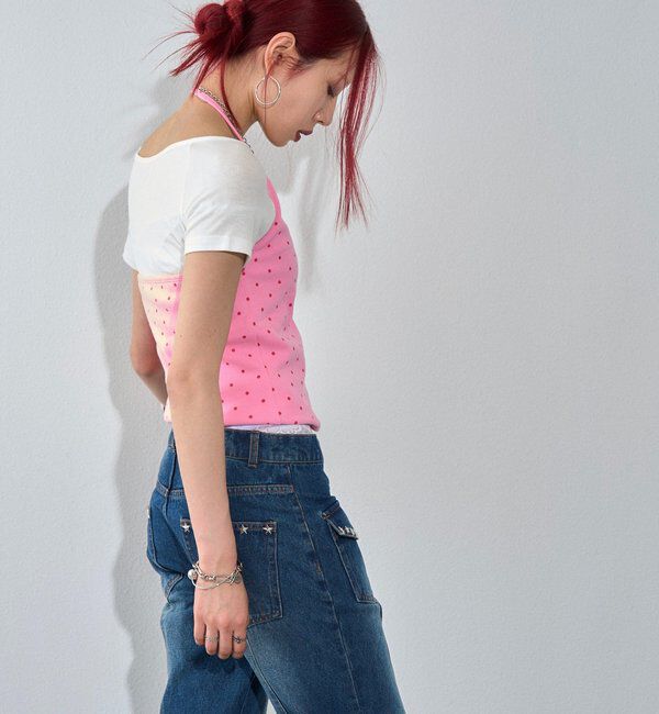  「【WEB限定】ハトメホルターレイヤード半袖トップス（ドット/無地）」|Tシャツ・カットソー|