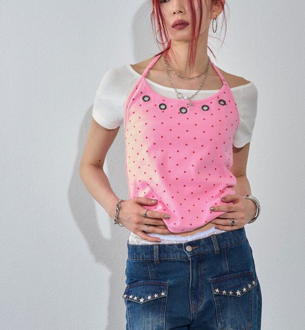  「【WEB限定】ハトメホルターレイヤード半袖トップス（ドット/無地）」|Tシャツ・カットソー|