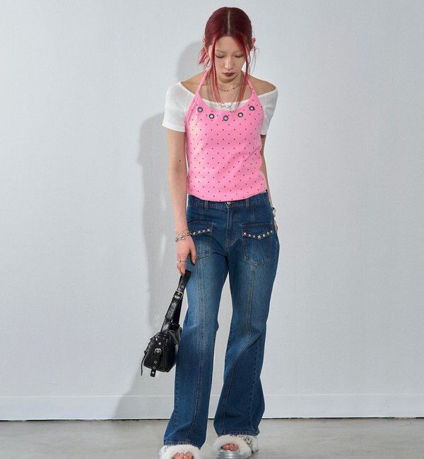  「【WEB限定】ハトメホルターレイヤード半袖トップス（ドット/無地）」|Tシャツ・カットソー|