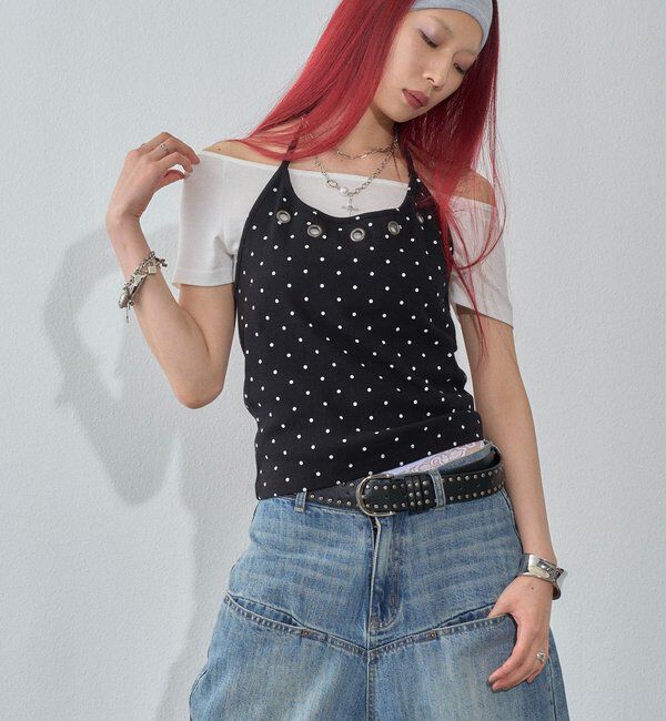  「【WEB限定】ハトメホルターレイヤード半袖トップス（ドット/無地）」|Tシャツ・カットソー|