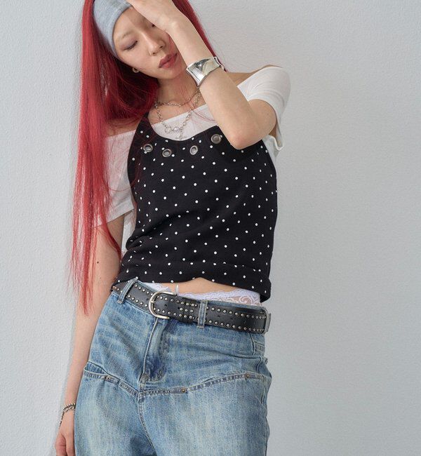  「【WEB限定】ハトメホルターレイヤード半袖トップス（ドット/無地）」|Tシャツ・カットソー|