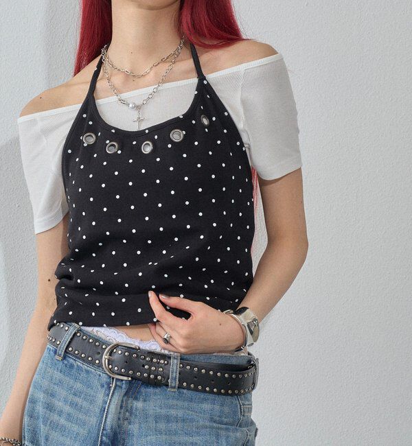  「【WEB限定】ハトメホルターレイヤード半袖トップス（ドット/無地）」|Tシャツ・カットソー|